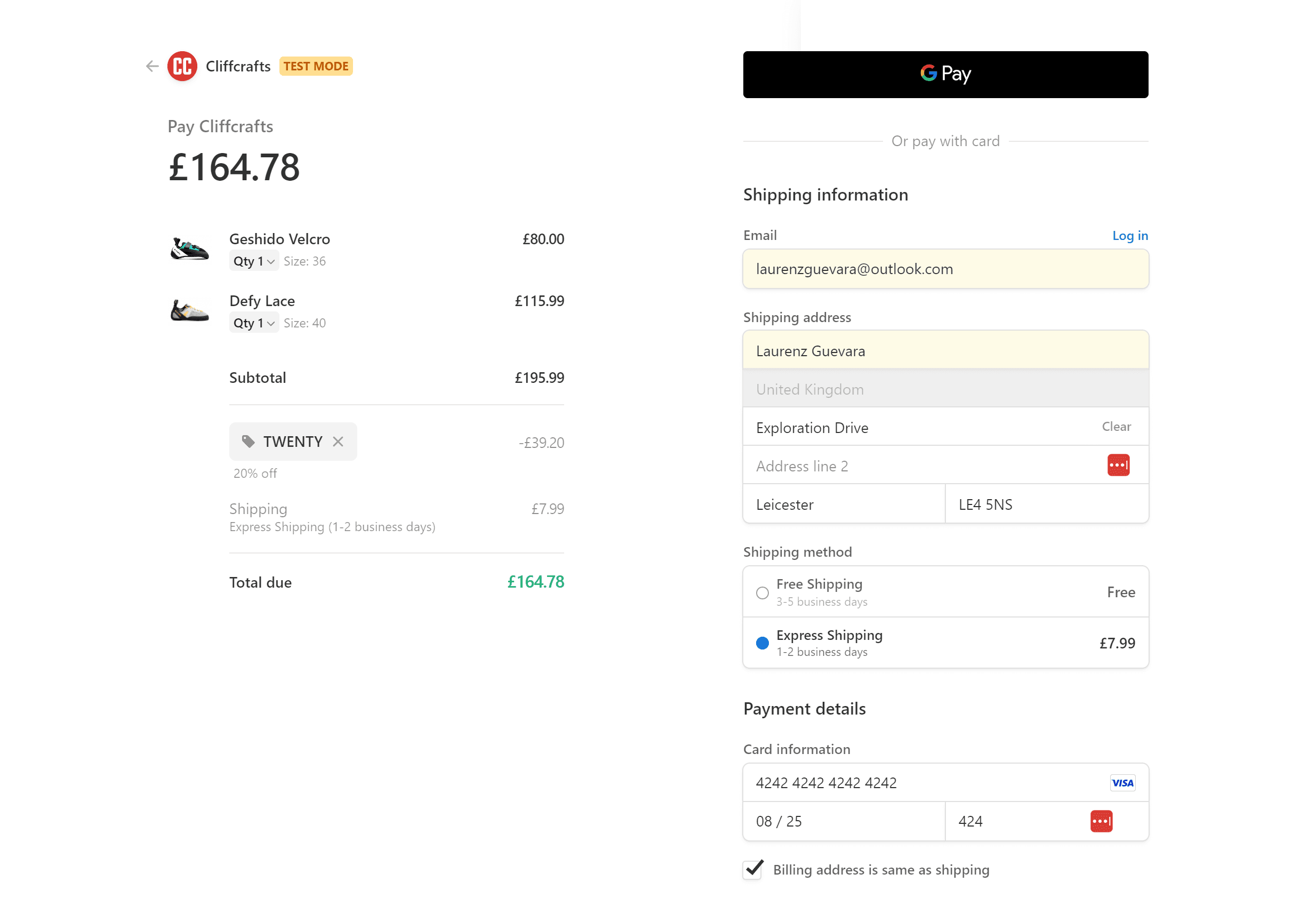 Cliffcrafts Checkout Page